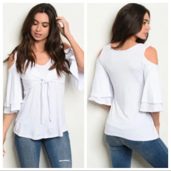 White Cold Shoulder Tie Front Top - Picture 8 of 14